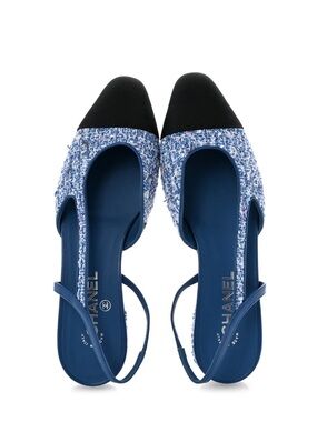 Chanel Tweed Grosgrain Cap Toe Slingback Flats Blue White Black